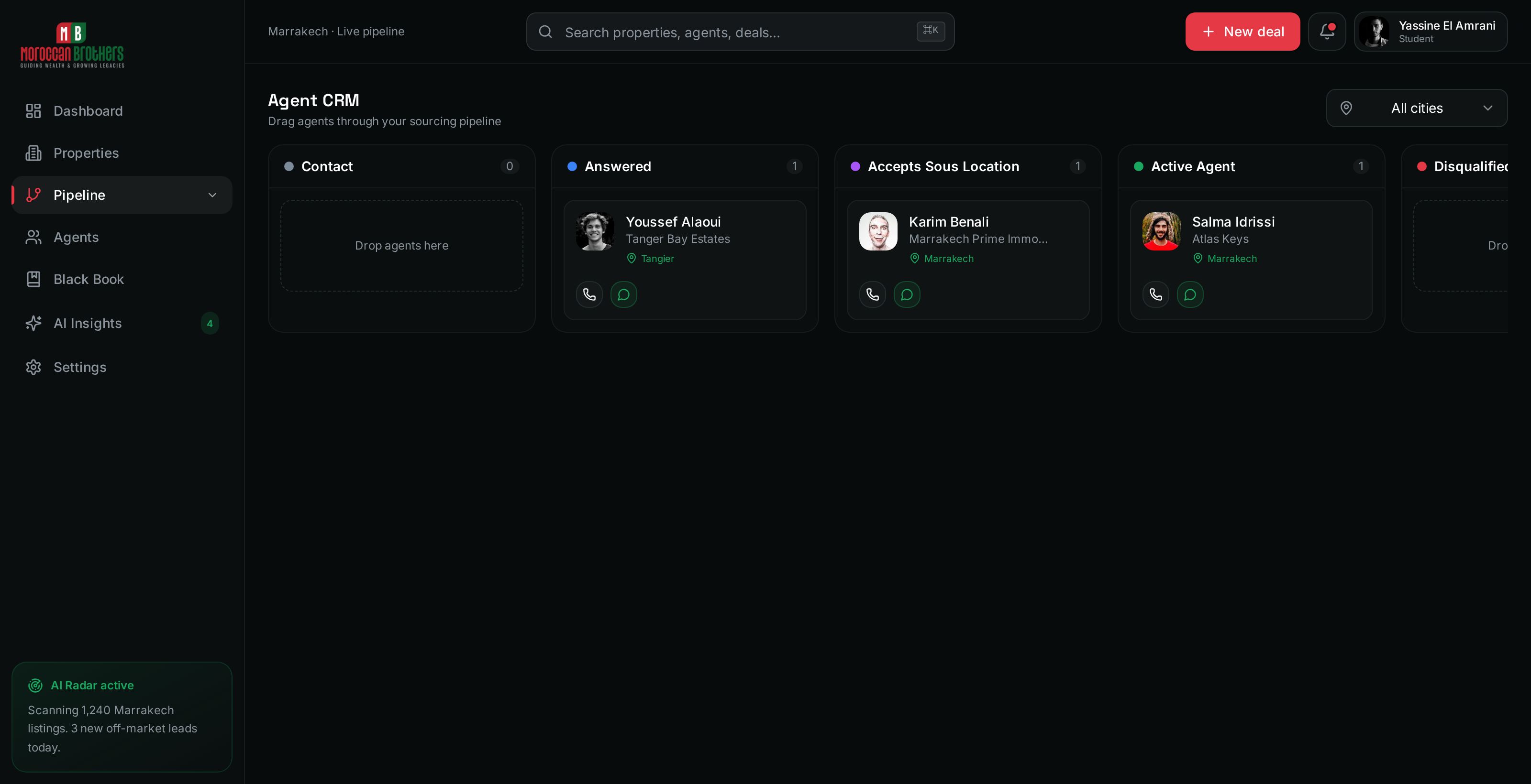 The agent pipeline with call and WhatsApp buttons on every card